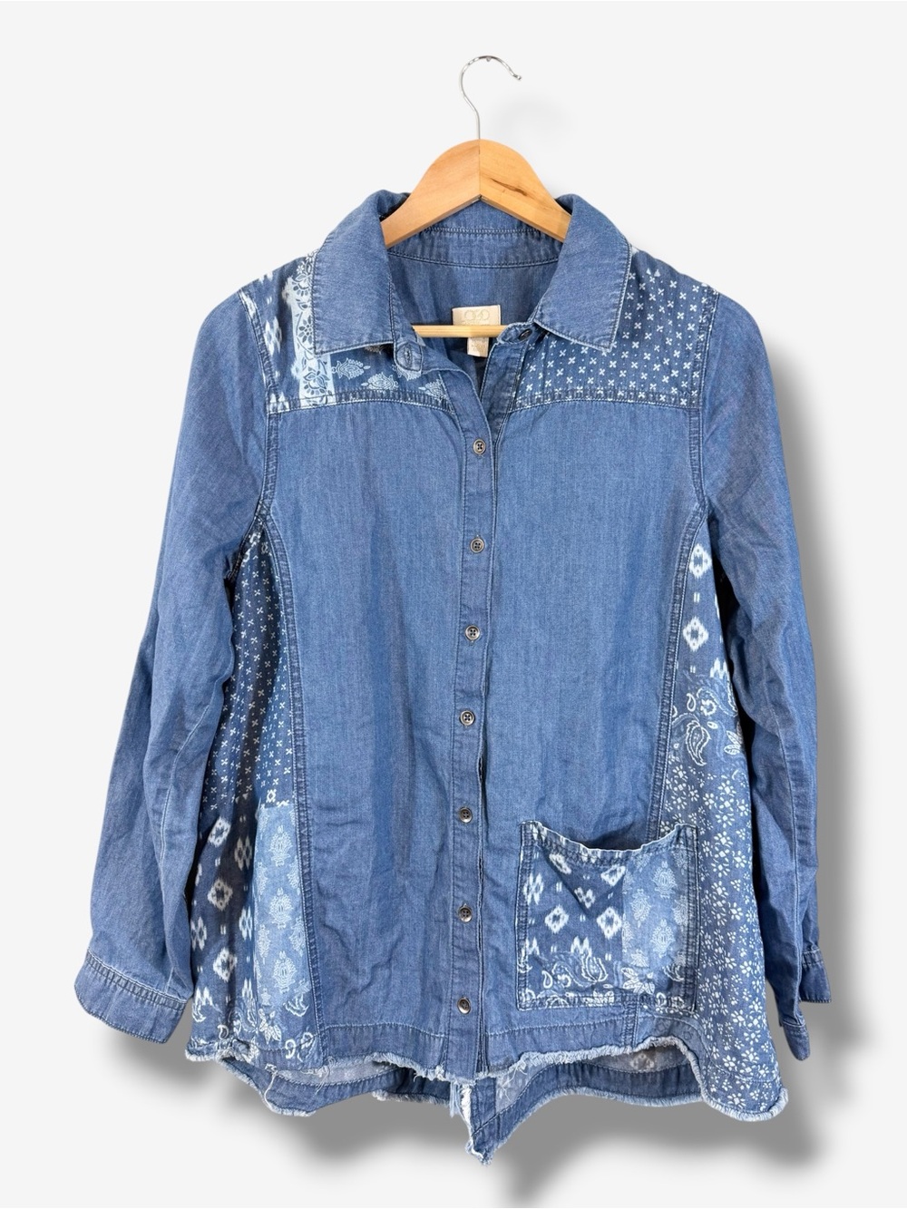LOGO Lavish Denim Chambray Button Down Shirt XS Lilith Bandana Patchwork Boho